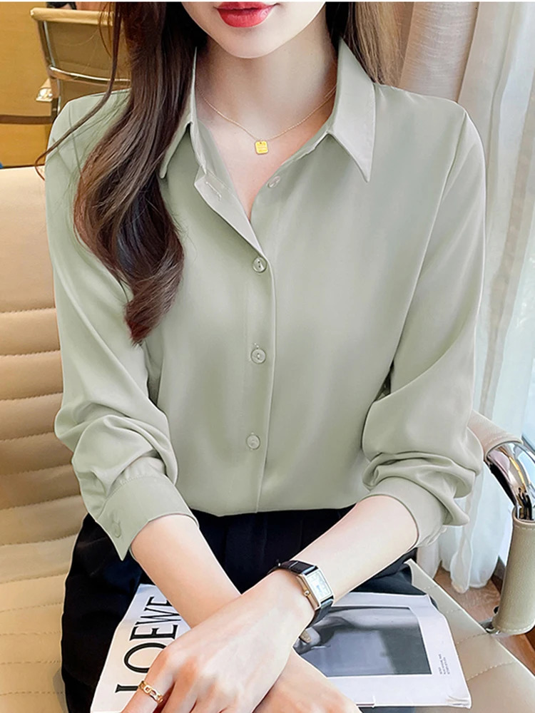 Minimalist Long Sleeve Satin Blouses Shirt Women Korean Style Solid Loose Shirts Blouse Female Casual Clothes OL Ladies Top 250310