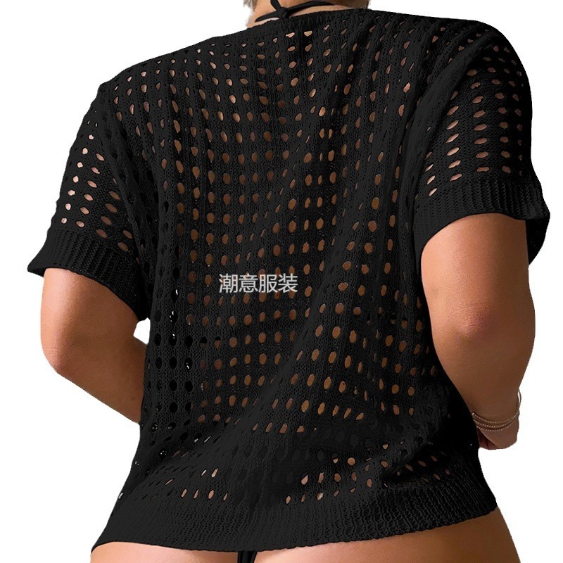 New Women's Hollowed Out Fashionable Collar Button Loose Pullover Short Sleeved Woven Sexy Beach Cover Shirt