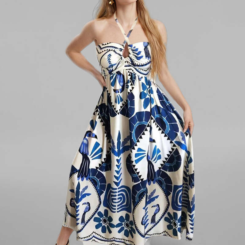 2025 Women's Elegant Printed Fashion Hollow Neck Strap Loose Spring Dress For Women KLMY