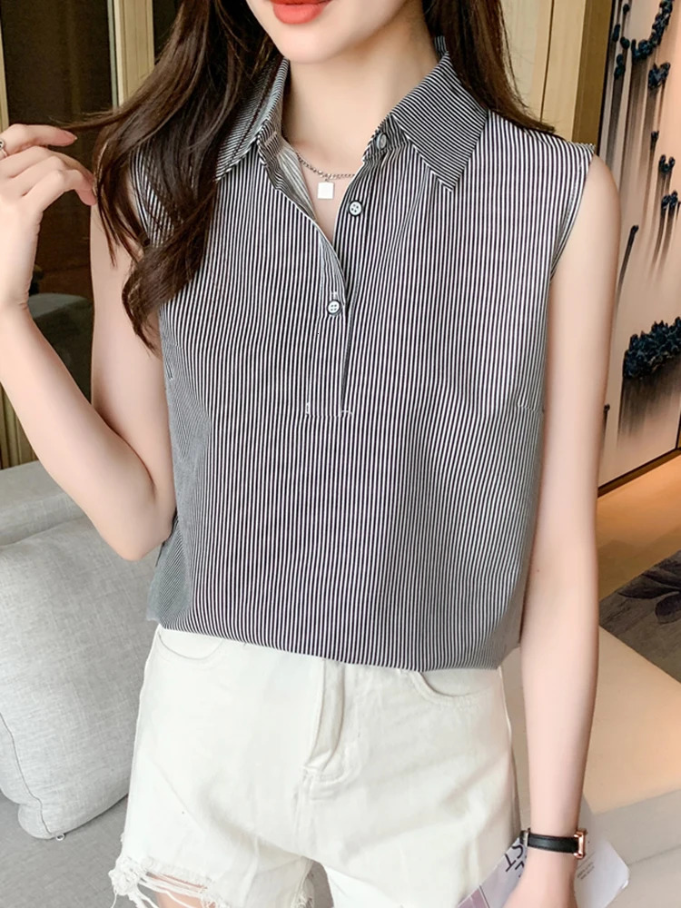 Summer Sleeveless Blouse Women Casual Striped Shirts Blouses Female Ladies Office OL Basice Tops 250310