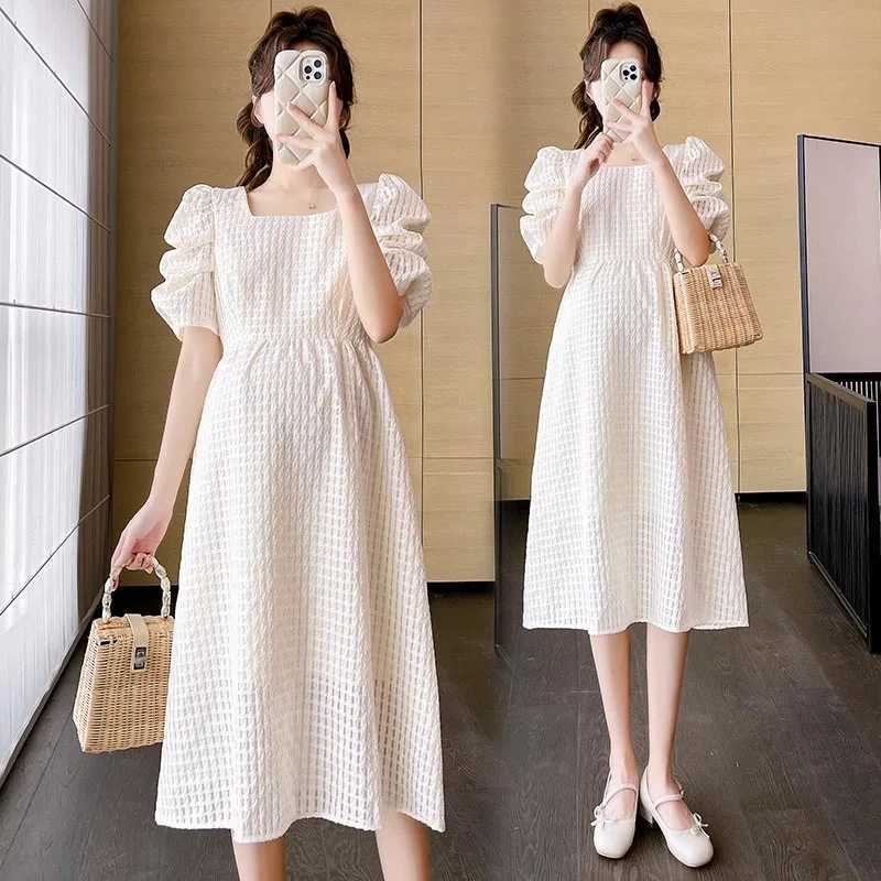 Pregnacy Dress Square Neck Dress Women Bubble Sleeves Chiffon Small Flower Printing Maternity Clothing Pregnant Woman ClothesT250311