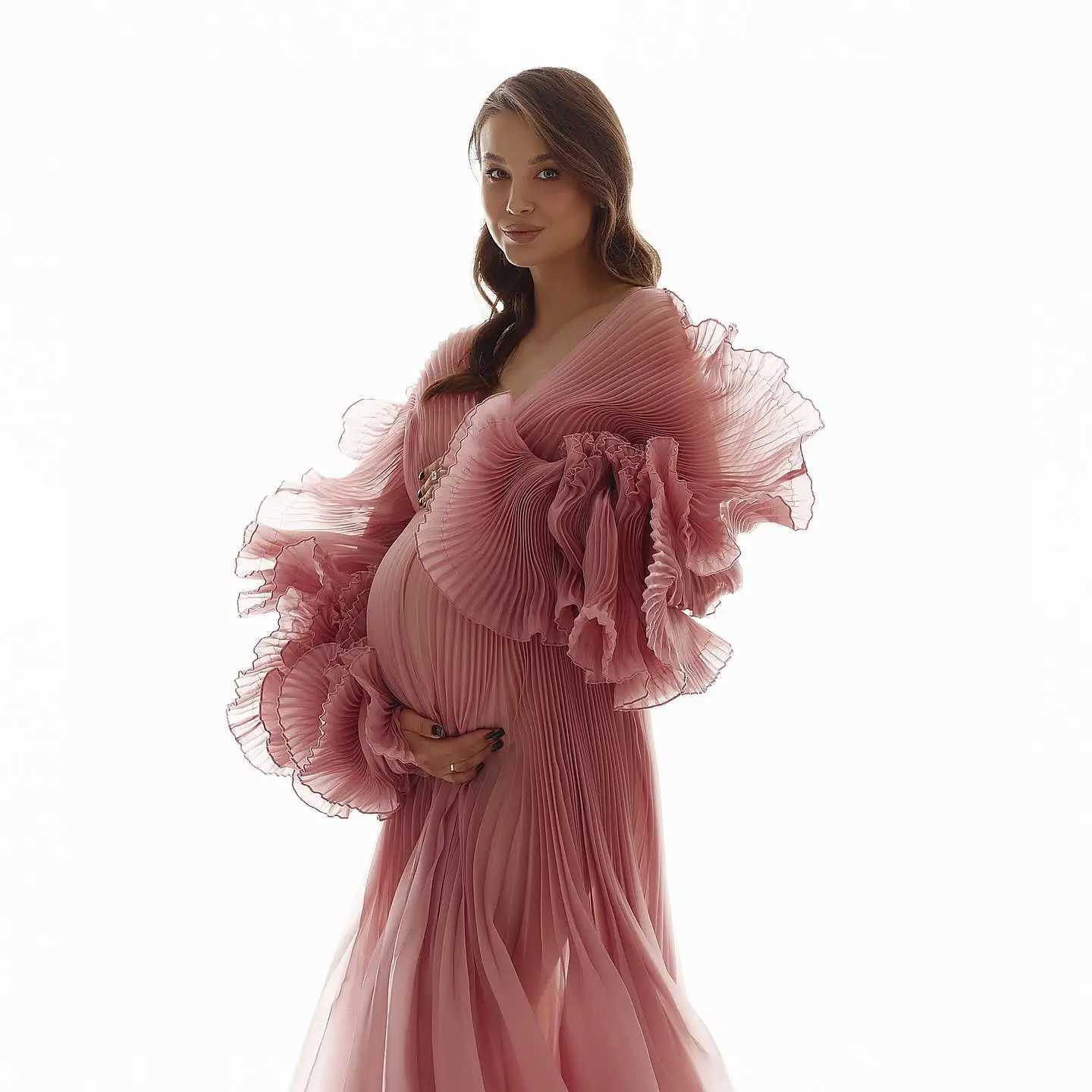 Beautiful Pink Pleated On Pregnant Women Dresses To Photoshoots Pretty A-line On Robe Maternity Dress X250224