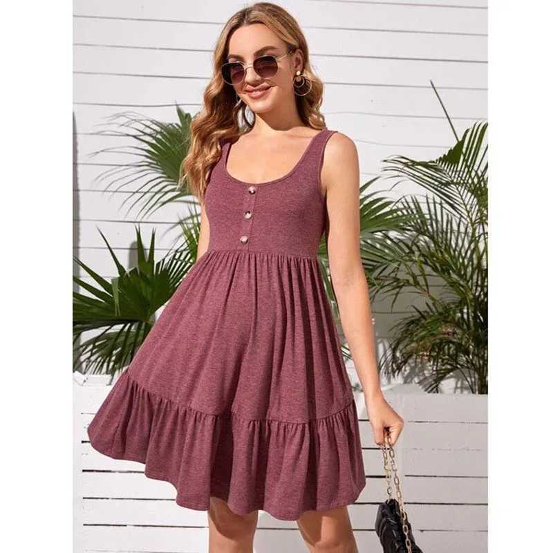 Maternity Button Dress Maternity Clothes Summer Casual Pregnant Women Sleeveless V-Neck Dress Vestidos Pregnancy ClothingT250311