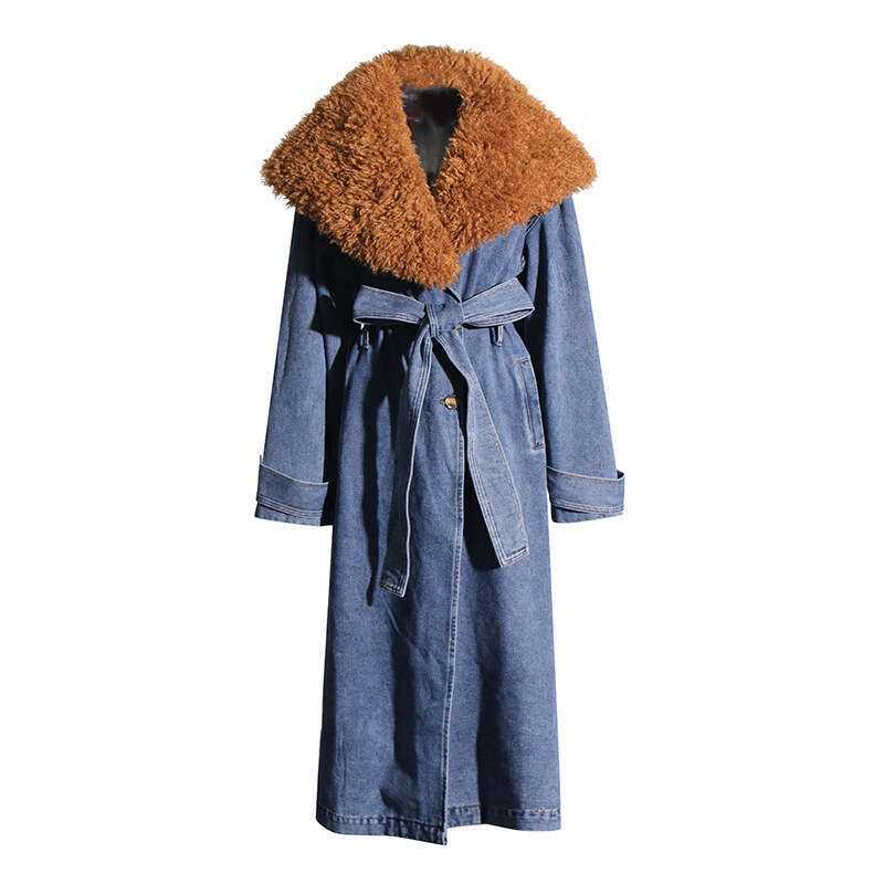 Street Style Niche Trench Coat Spring 2025, New Fur Collar, Detachable Long Denim, Waist Cinched Wide Jacket For Women
