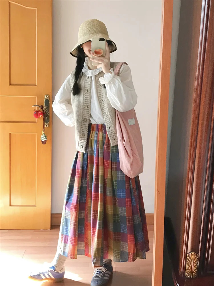 Womens Aline Colorful Checkered Pattern Umbrella Skirt Young Girl Vintage Fashion Female High Waist Loose Calflength Skirts 250311