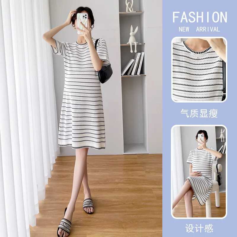 Maternity Summer Loose Fashion Striped Pleated Short Sleeve Dress Openwork Knit For Nursing Pregnant Maternity Clothes DressT250311