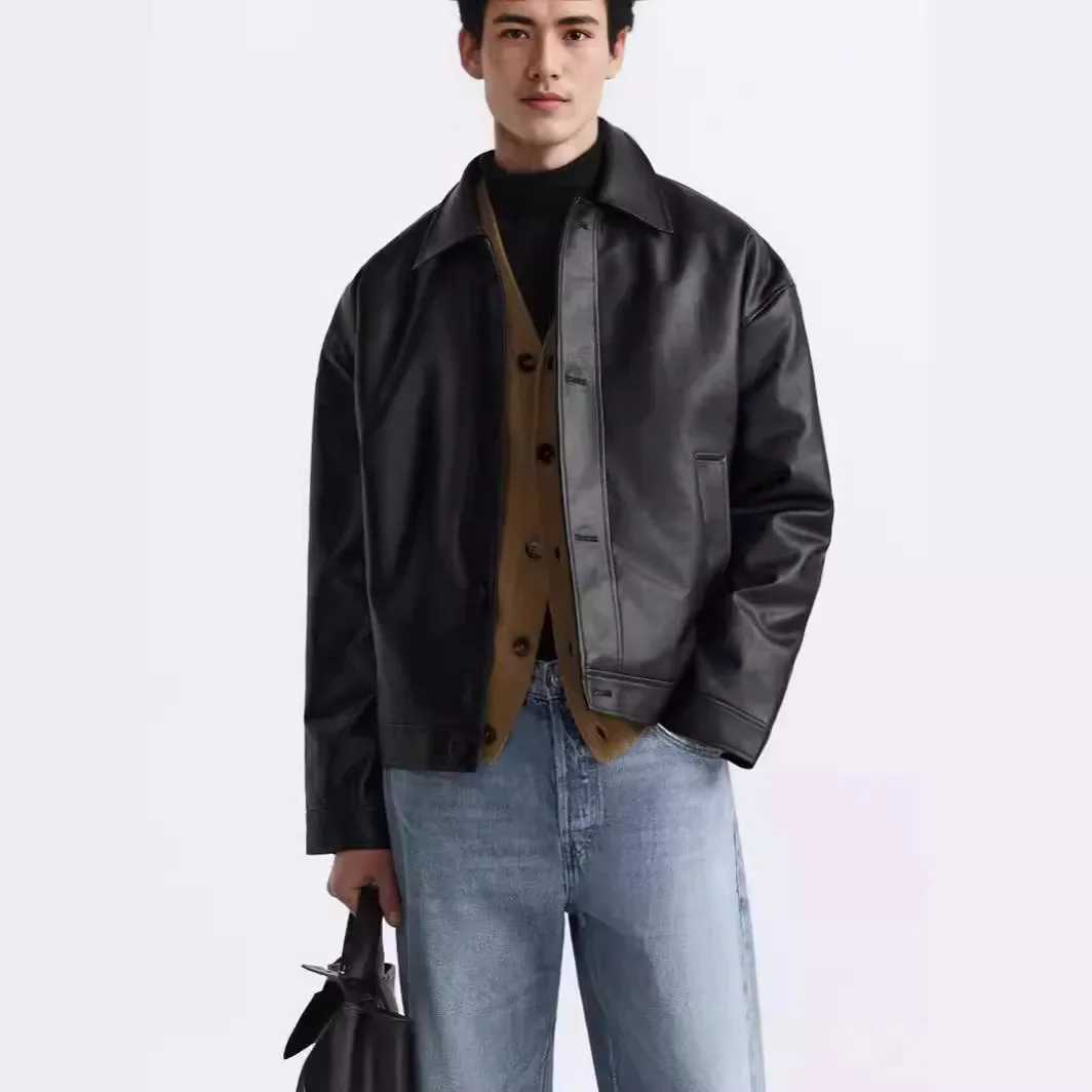 Mens Spring and Autumn New Fashion Casual Imitation Leather Lapel Jacket Solid Color Single Breasted Loose PU Leather JacketT250311