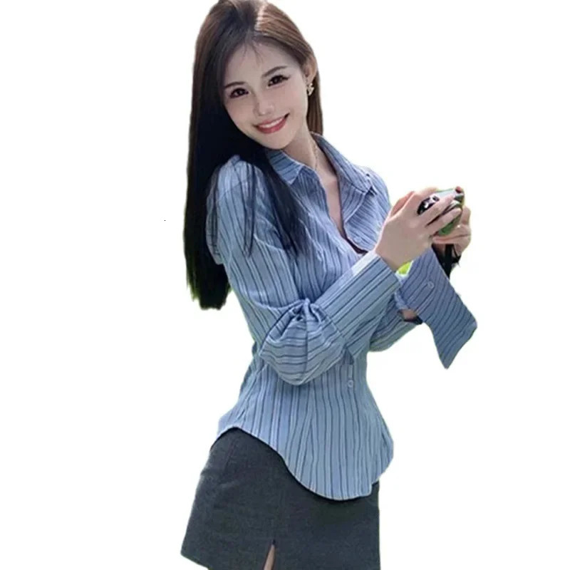 Long sleeved slim striped shirt top pure desire womens waist fit weight loss paradigm blue casual clothing 250311