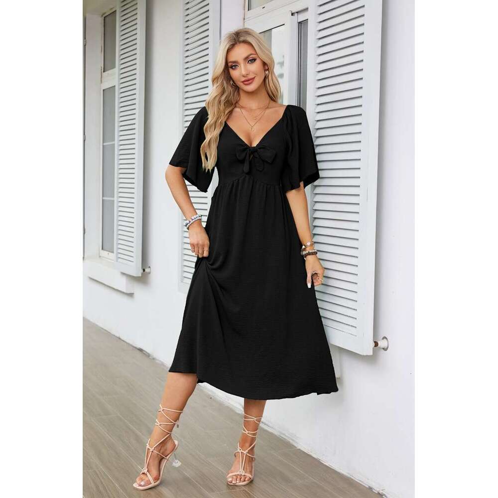 popular European American women's V-neck bow pleated medium long short sleeved dress 2025 new style chic and elegant clothing