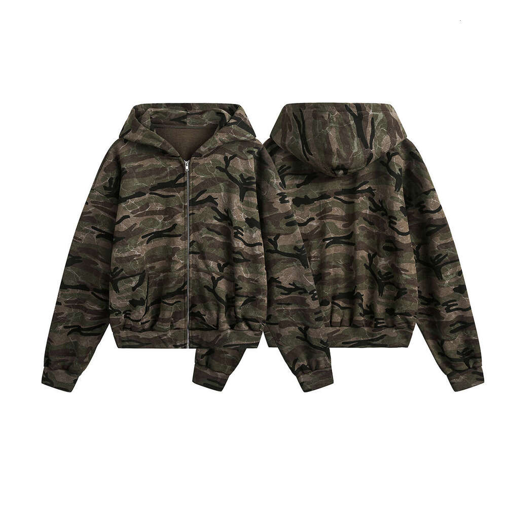 Jiayiku Men's 2025 Spring New American Street Camouflage Jacket Couple's Cardigan Zipper Hoodie