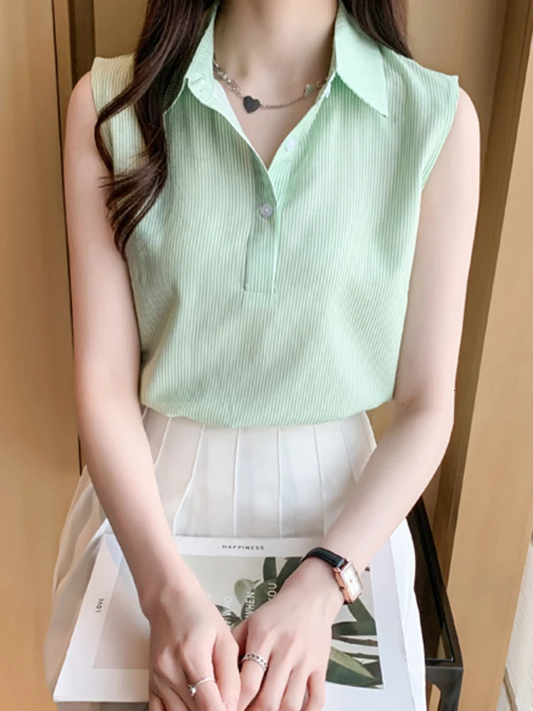 Summer Sleeveless Blouse Women Casual Striped Shirts Blouses Female Ladies Office OL Basice Tops 250310