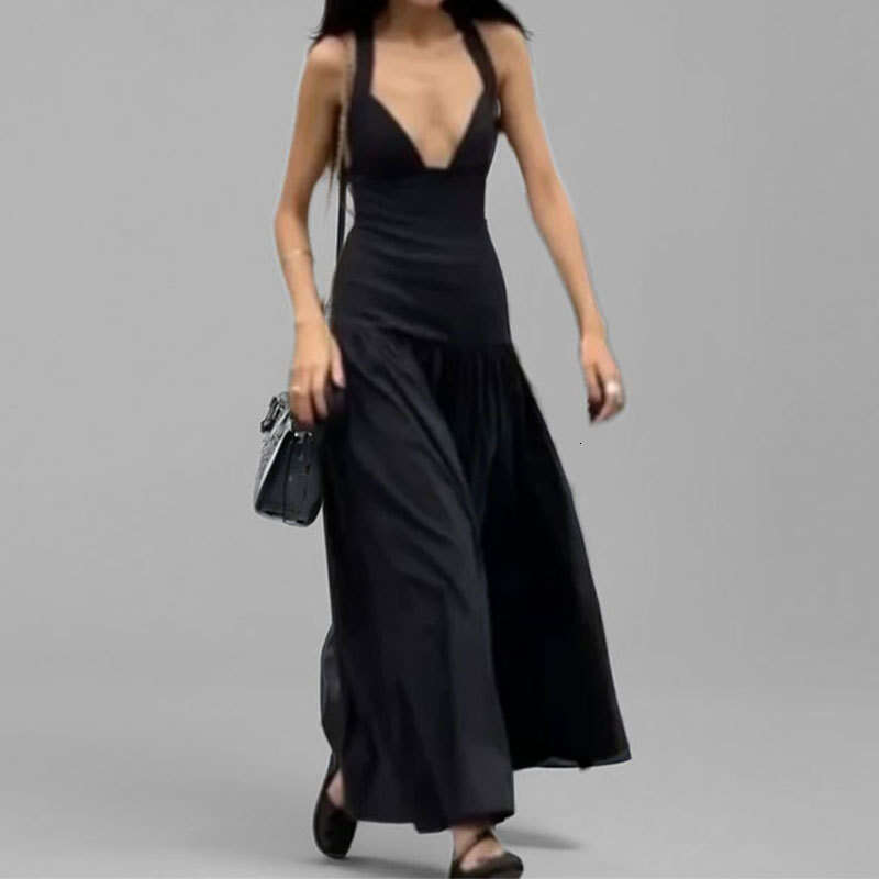 2025 Spring New Women's Clothing Elegant V-Neck Medium Length Tank Top High Waist Strap Dress For Women KLMY
