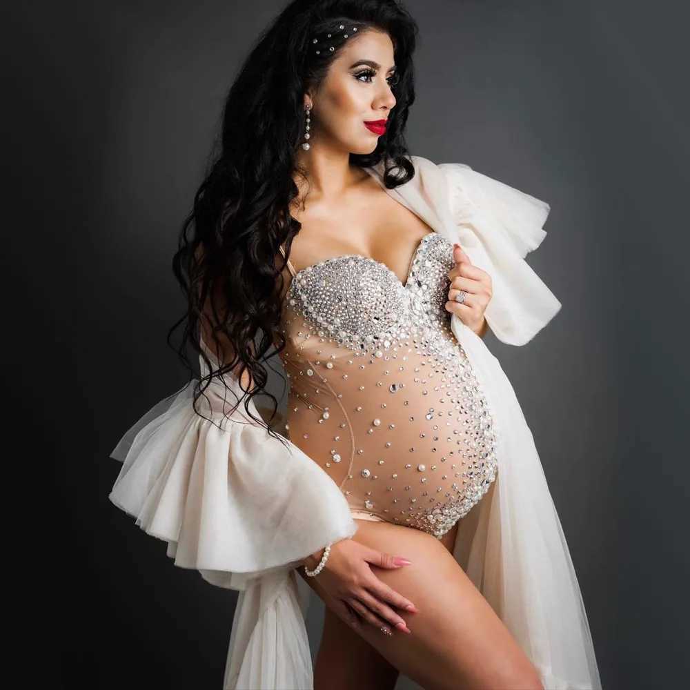 Sexy Maternity Dress Goddess V Neck Rhinestones Pearls Luxurious Stretch Jumpsuits Pregnancy Dress for Photo Shoot Props Clothes X250224