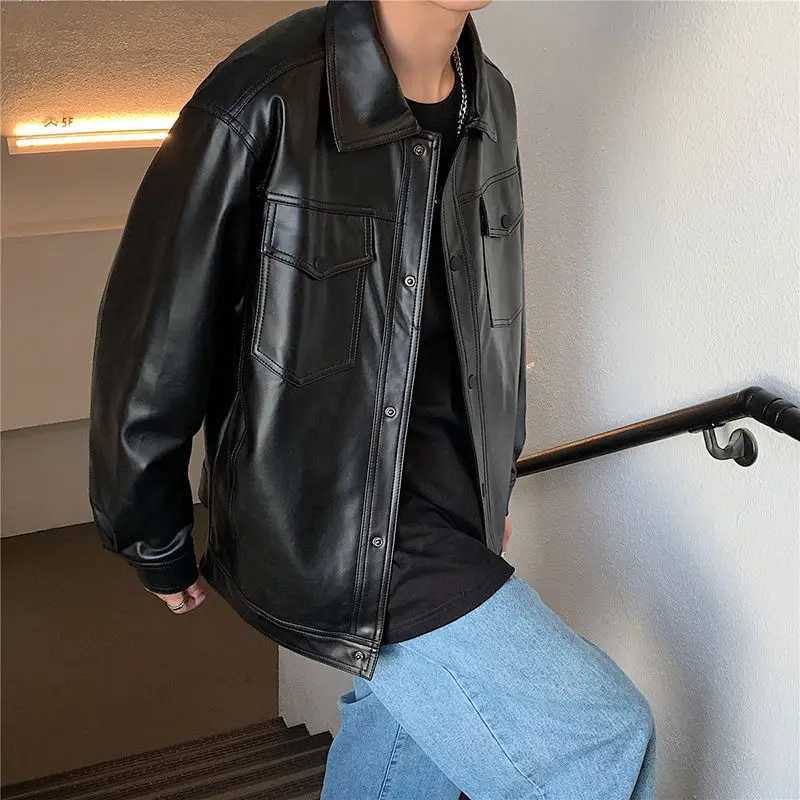 Mens Autumn Winter Fashion Simple Solid Color Polo Button Pocket Casual Versatile Long Sleeve Loose Leather Jacket CoatT250311