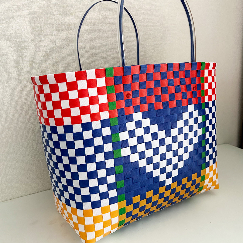 Hand-Woven Bag, Large-Capacity Love Women's Handbag, Grocery Shopping Blue, Open Plastic Bag.