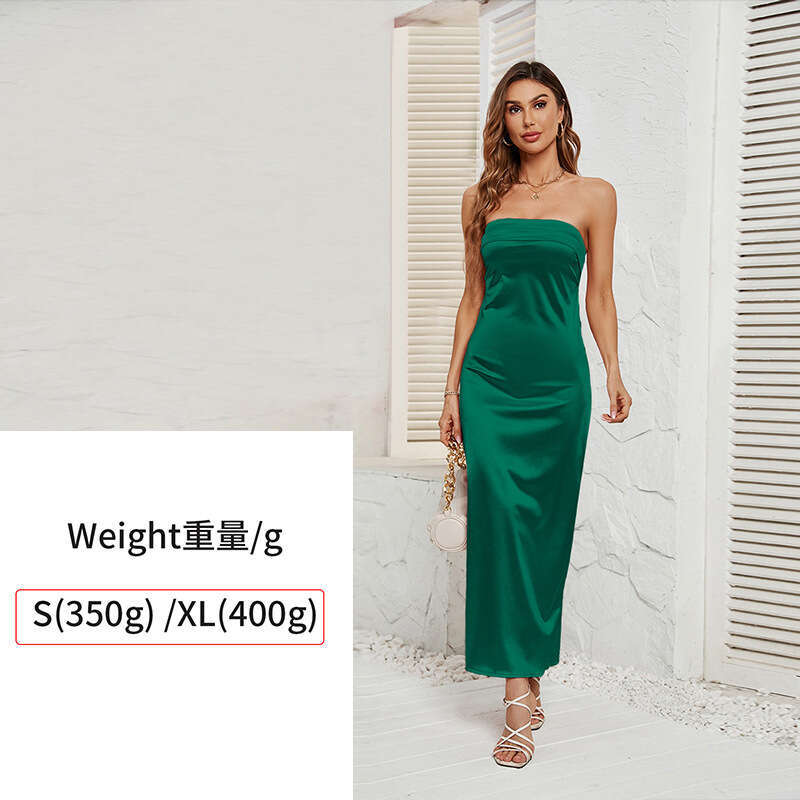 Summer European and American women's solid color chest wrapped elastic backless satin dress 2025 temperament versatile new trend clothing ins