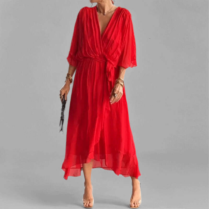 2025 Spring New Women's Solid Color Lace Up Deep V-Neck Long Dress With Bat Sleeves KLMY
