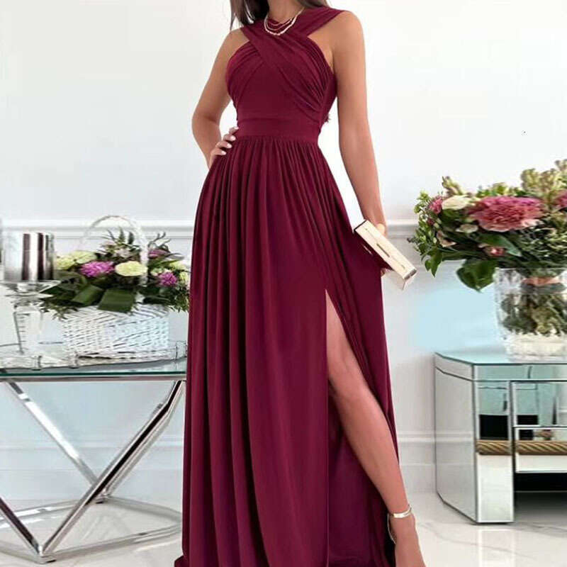 Women's Temperament, Solid Color, One Shoulder, Sexy, Cinched Split Waist, Floor Length Dress KLMY