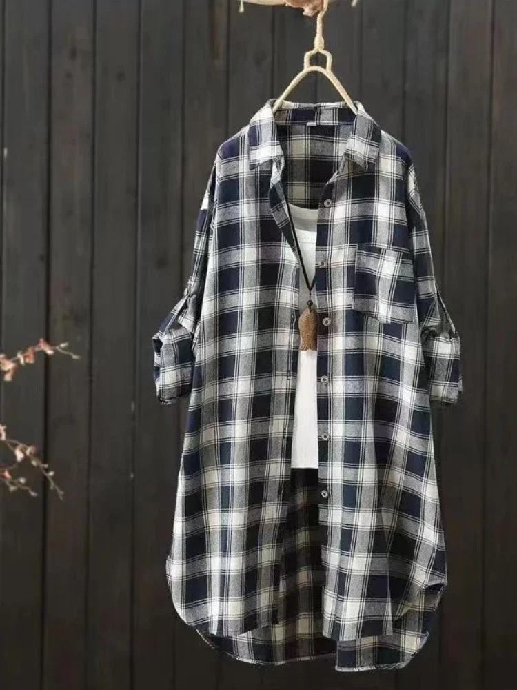 Womens Long Sleeve Blouse Fashionable and Agereducing Polo Collar Midlength Loose Versatile Fashion Top Plaid Shirt 250310