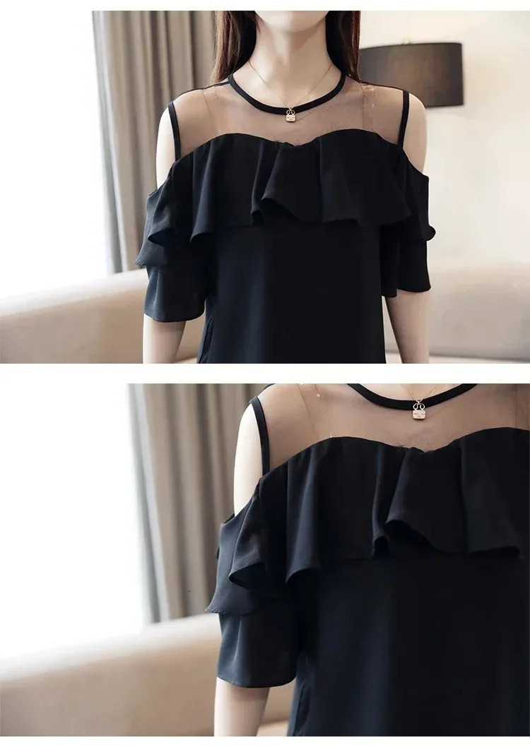 Womens Round Collar Mesh Chiffon Blouse Short Sleeve Ruffles Tops Sexy Off Shoulder Shirt Solid Color Clothes Summer 4206 250310