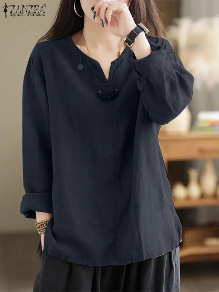 Vintage Women Cotton Blouse Spring V Neck Long Sleeve Tops ZANZEA Retro Solid Loose Shirt Female Work Tunic Blouses 250311