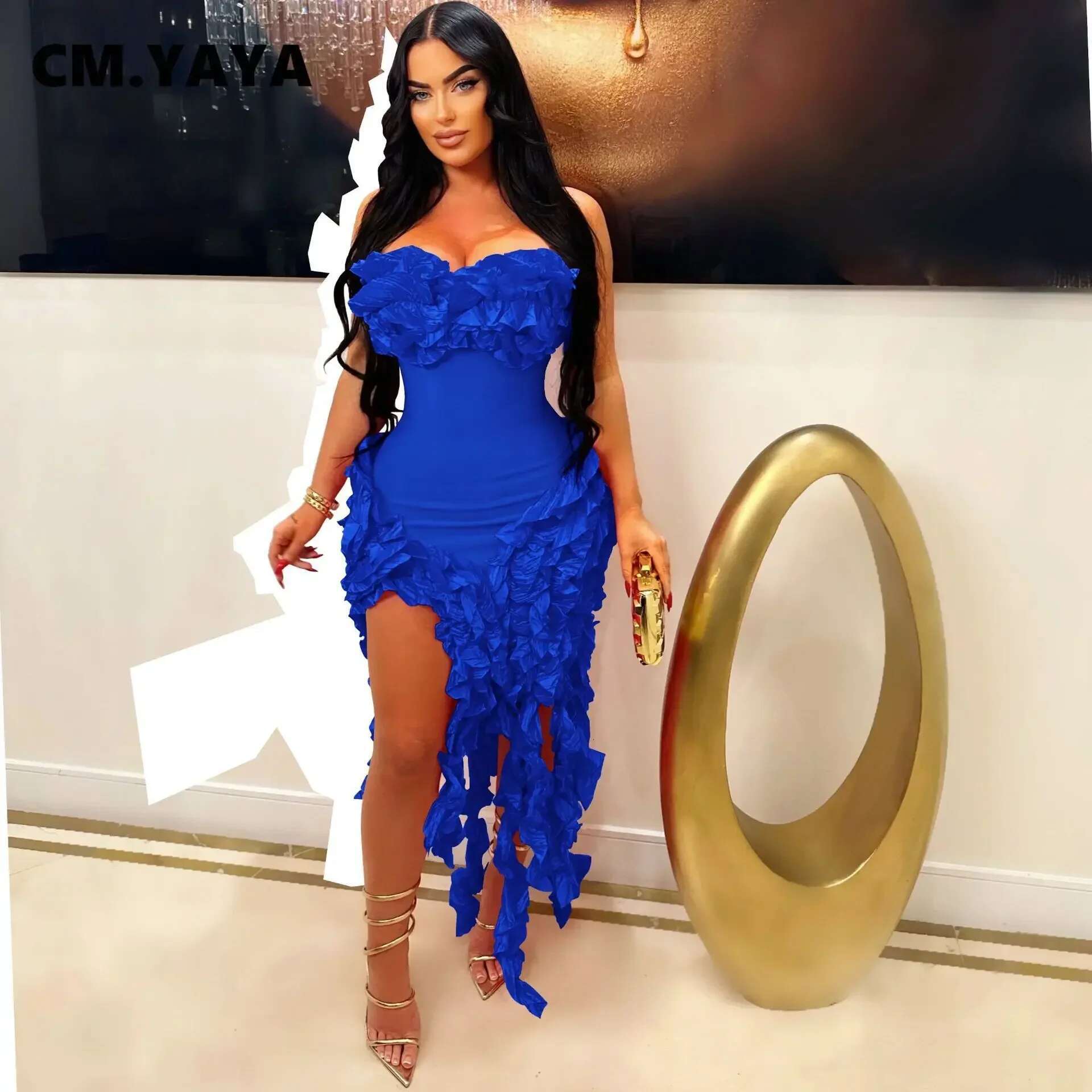 Cm.Yaya Women Strapless Ruffles Tassel Splicing Irregular Birthday Bodycon Long Maxi Dress 2024 Even Sexy Party Dresses Vestidos
