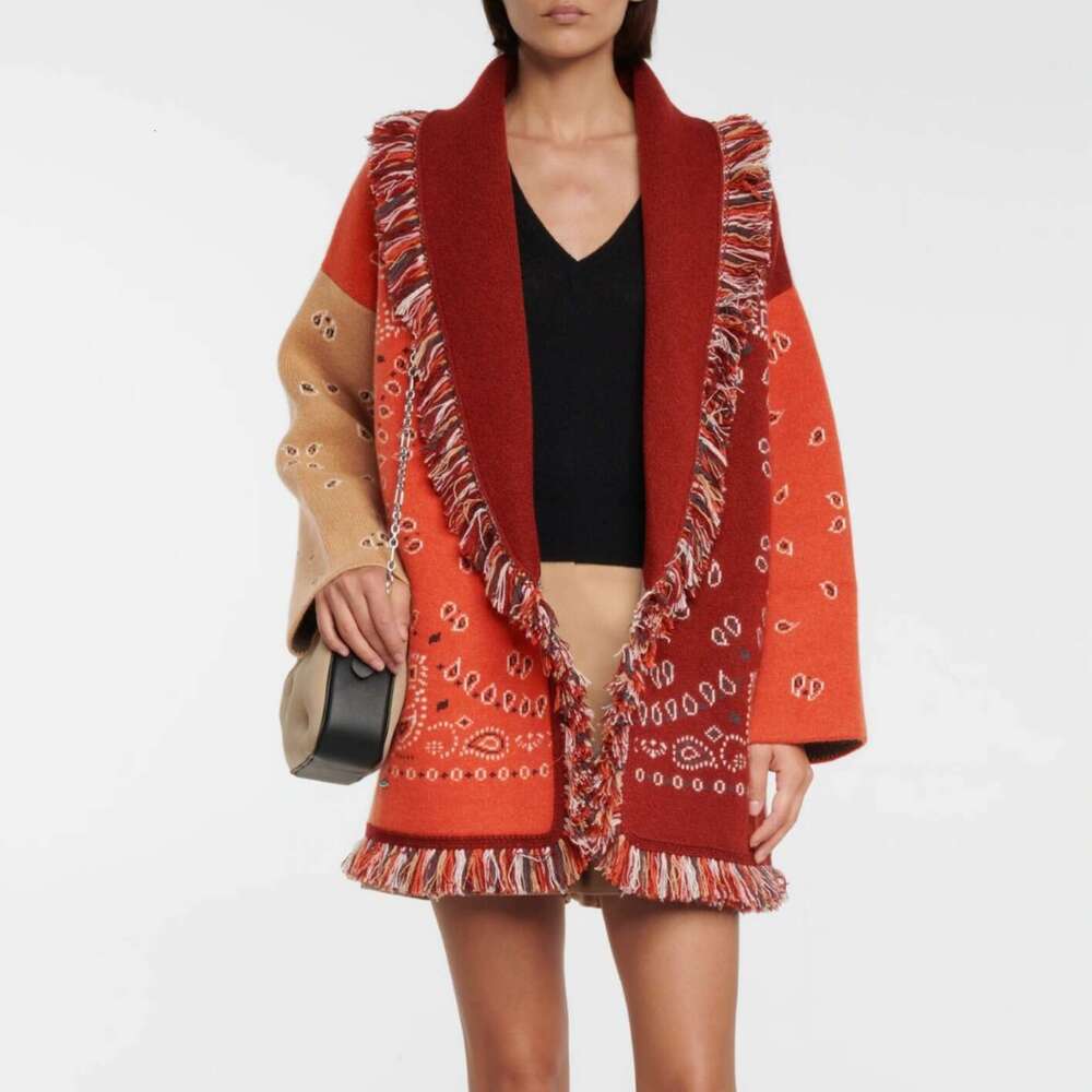 New Niche Bohemian Color Blocked Jacquard Sweater Cardigan Wool Blend Loose Knit Jacket