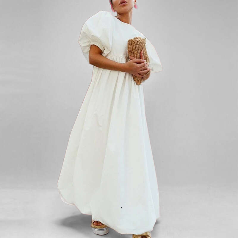 2025 Spring/Summer New Women's Round Neck Bubble Sleeve Solid Color Loose Style Dress For Women KLMY