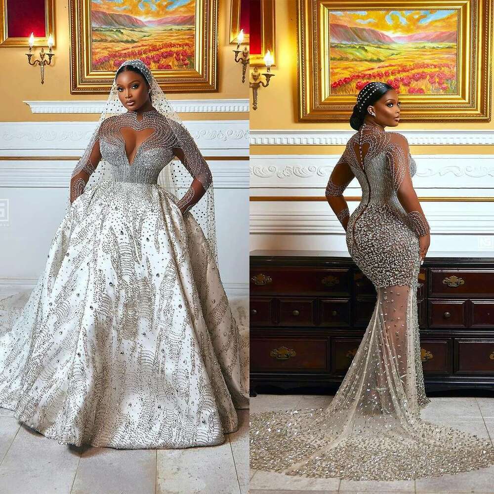 Exquisite Beaded Dresses, High Collar, Long Sleeve, Crystal Rhinestone, Wedding Dress, African, Arabic, Custom, Plus Size