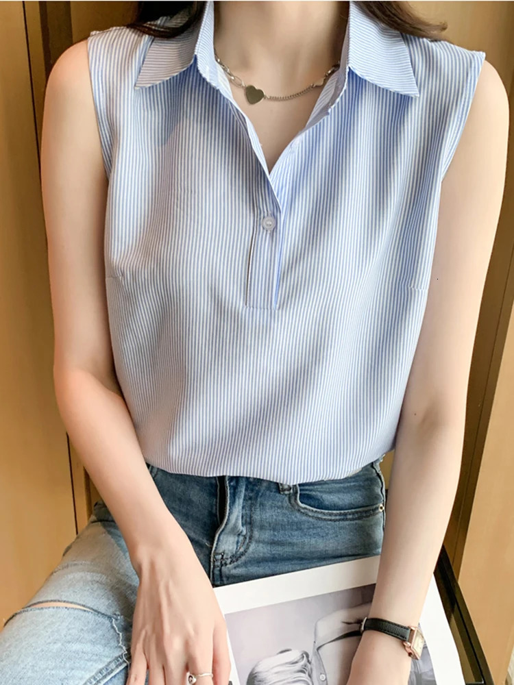 Summer Sleeveless Blouse Women Casual Striped Shirts Blouses Female Ladies Office OL Basice Tops 250310