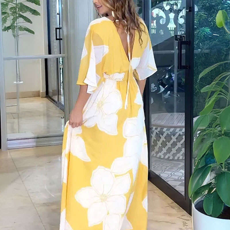 Women's 2025 New Fashionable Printed Strap Long Skirt Sexy V-Neck Backless Dress KLMY