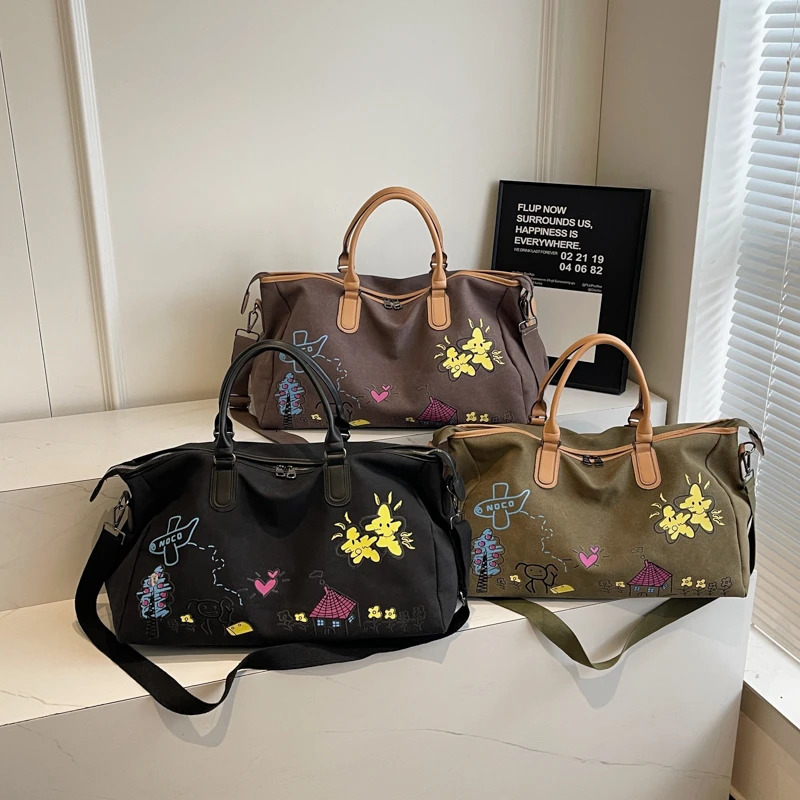 Colorful Cartoon Graffiti Pattern Womens Boston Travel Clothes Bags Large Capacity Shoulder Duffle Bag Canvas Crossbody Handbag 250311