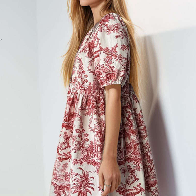 2025 Women's Fashion New Printed Skirt Elegant Lantern Sleeve V-Neck Big Swing Dress KLMY