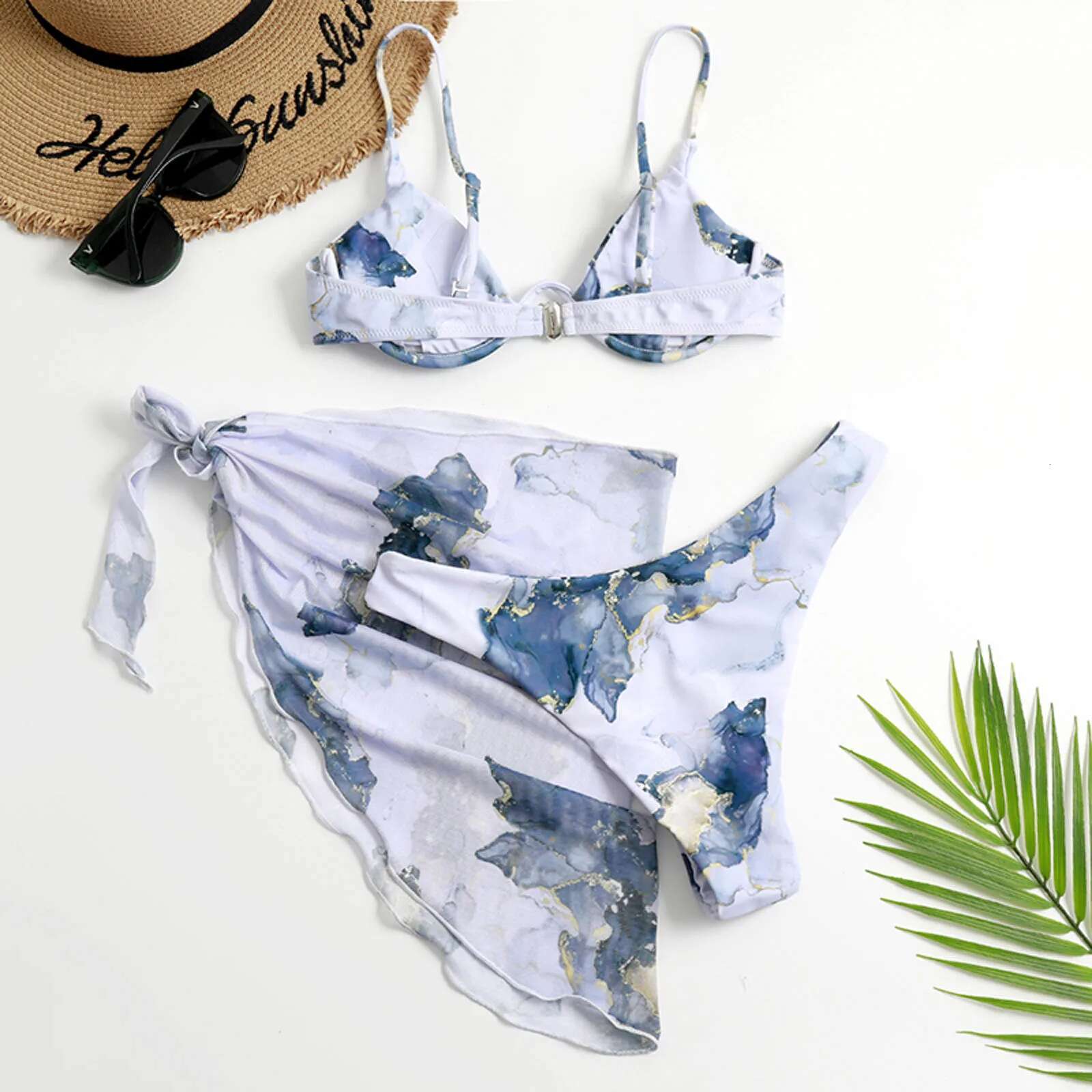 Swimsuits High Waisted Split Women's Three Piece Swimsuit Bikini Tie Dye Printed Sexy Tie Chiffon Swimwears