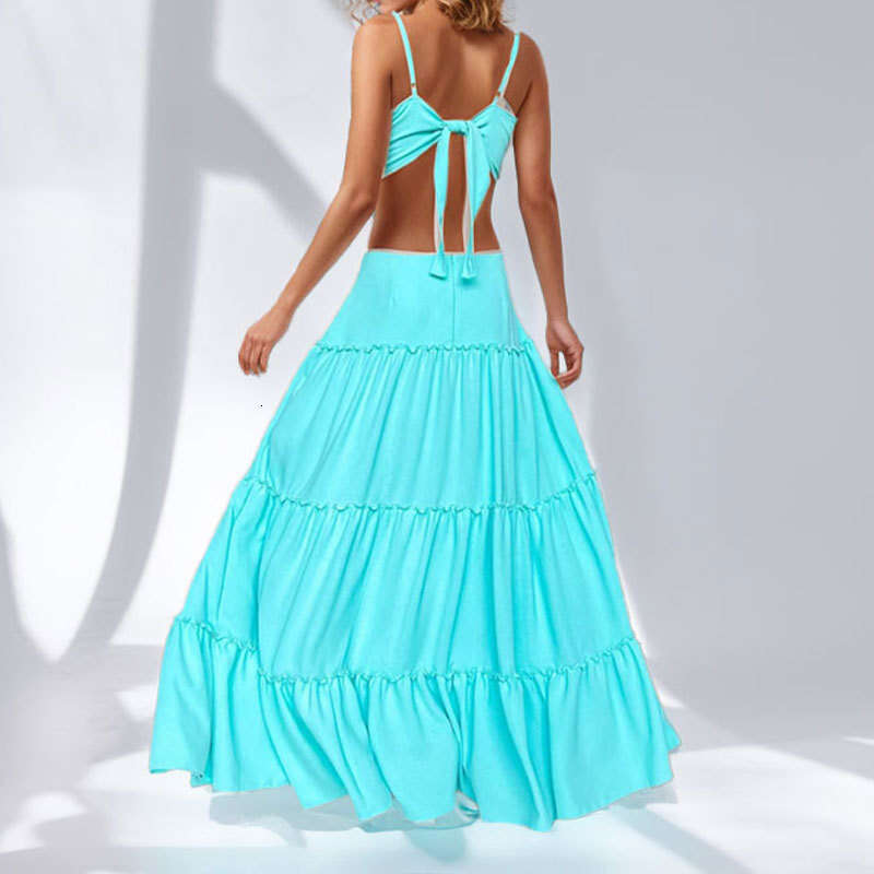 2025 Spring New Women's Clothing Elegant Solid Color V-Neck Strap Waist Dress For Women KLMY