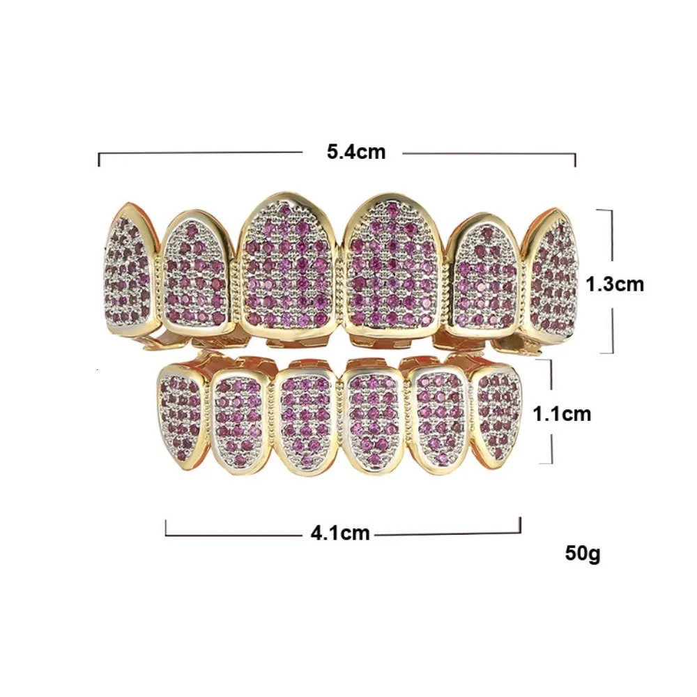 Hiphop Iced Out Rose Red 5A Zircon Teeth Grillz for Unisex Rapper Mouth Gold Silver Cubic Zirconia Tooth Grills 6/6 Top Bottom 250303