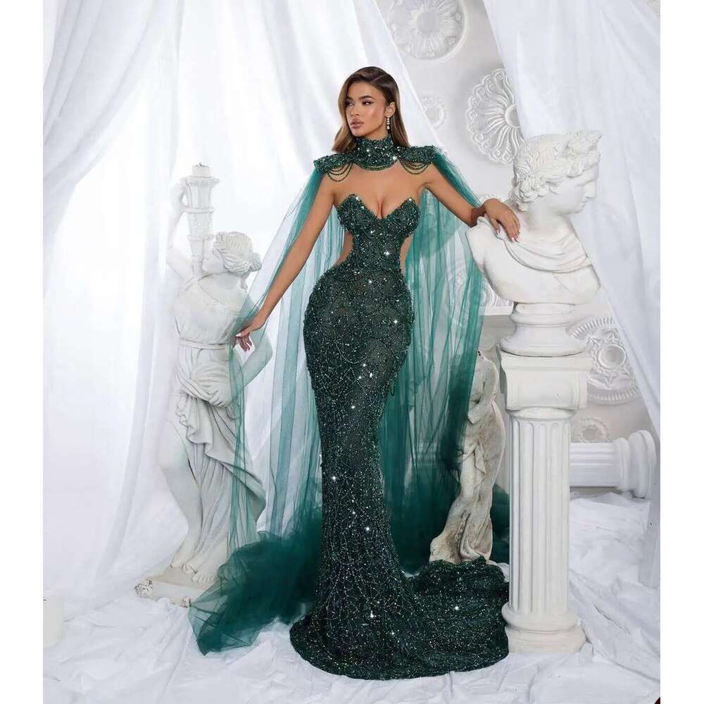 Real Beading Lace Mermaid Prom Dresses, Sexy High Neck Sequined Formal Party Sweep Train Evening Dress, Custom Made