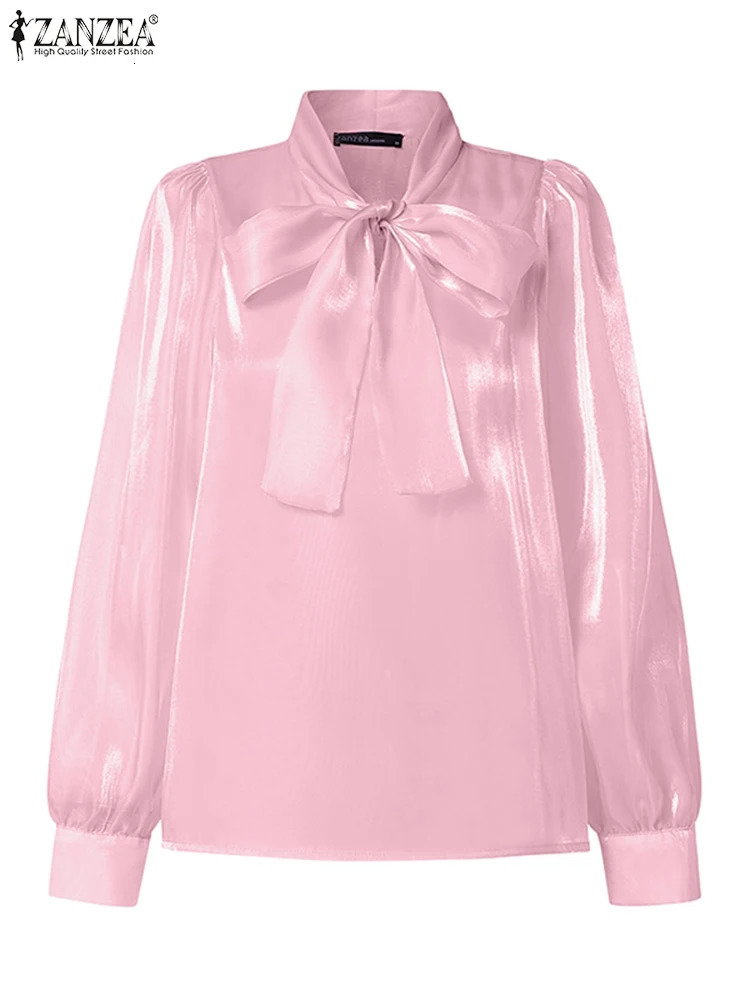 ZANZEA Organza Women Blouses Elegant Office Lady Bowtie Neck Lantern Sleeve Blusas Mujer Fashionable See-through Sheer Tops 250310