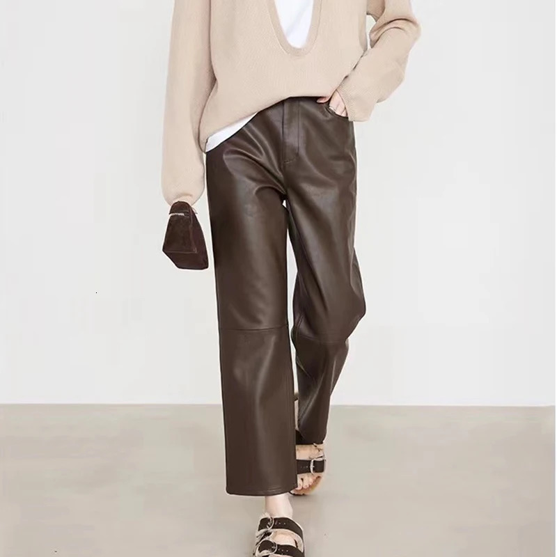 100 Leather Pants Women Autumn Winter Fashion Sheepskin High Waist Slim French Baguette Pants Casual Straight Cropped Trousers 250305