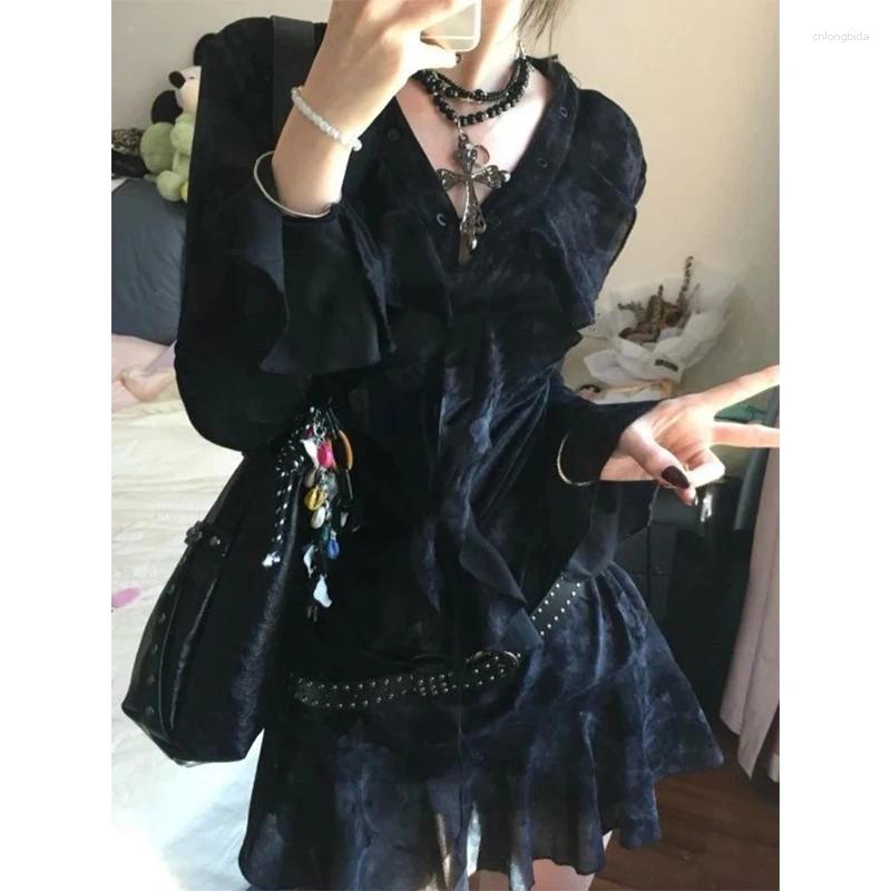 Casual Dresses Y2K Ruffles Mini Dress Women Haruku Vintage Bandage Summer Gothic Aesthetic Sexy V Neck Long Sleeve Bodycon Vestidos