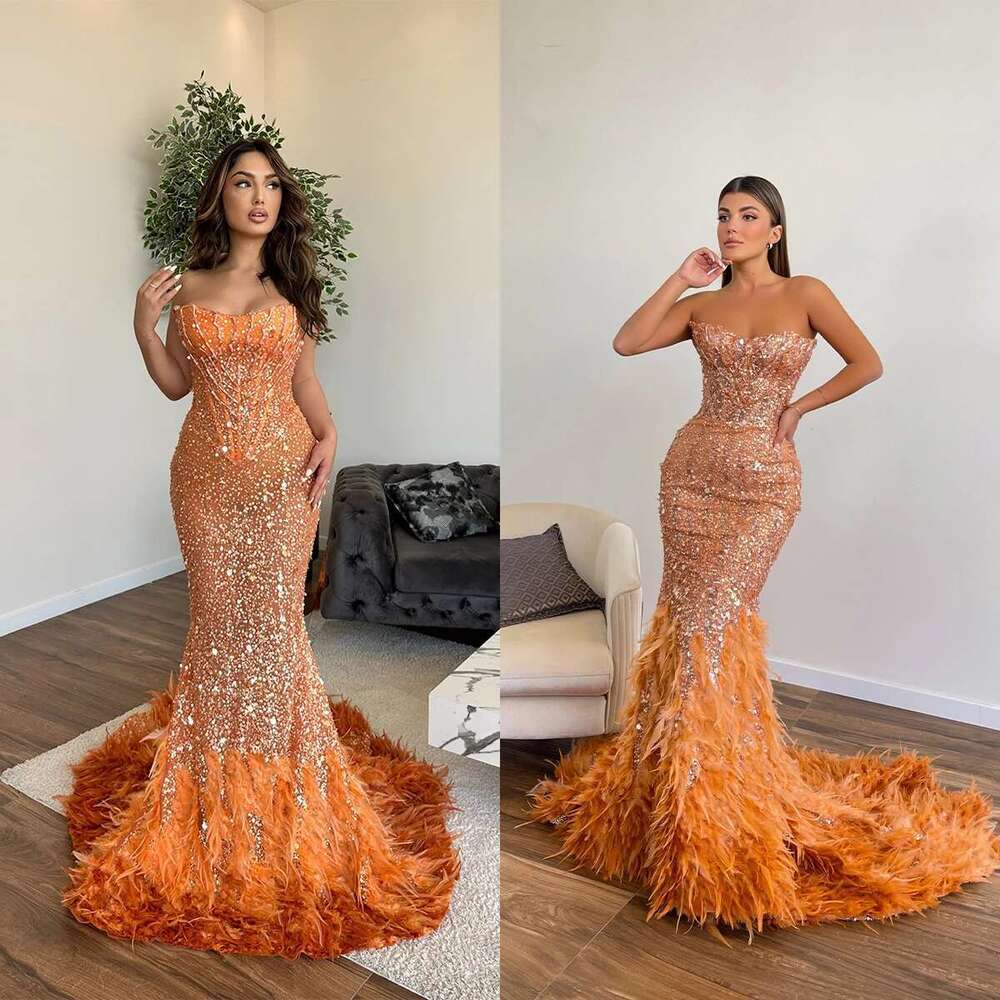 Strapless feather ball dress sparkling sequins lace sleeveless evening gowns beads robe de soiree custom
