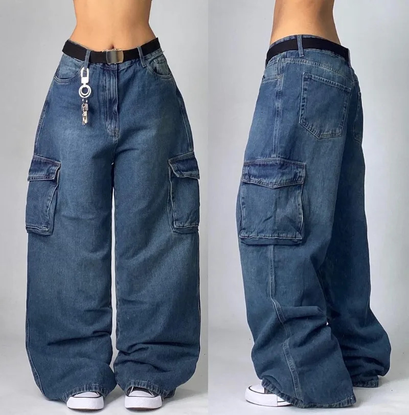 Streetwear Fashion Oversized Big Pockets Old Washed Jean Women Y2K Harajuku Hiphop High Waist Wideleg Trousers 250311