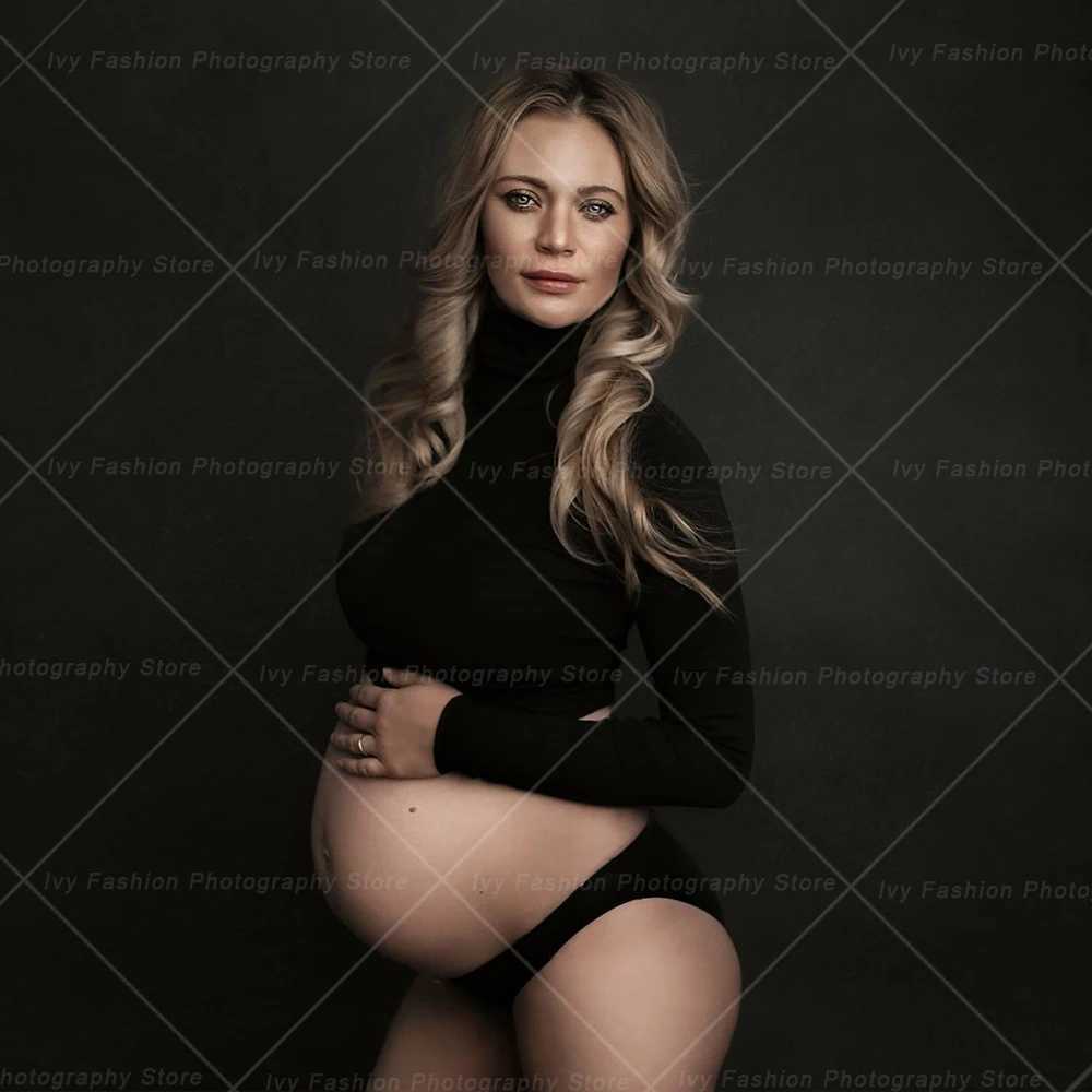 Maternity Dresses For Photo Shoot Open Belly Set Two Piece Black Elastic Fabric High Neck Short Top Pregnant Photo Shoot Clothes X250224