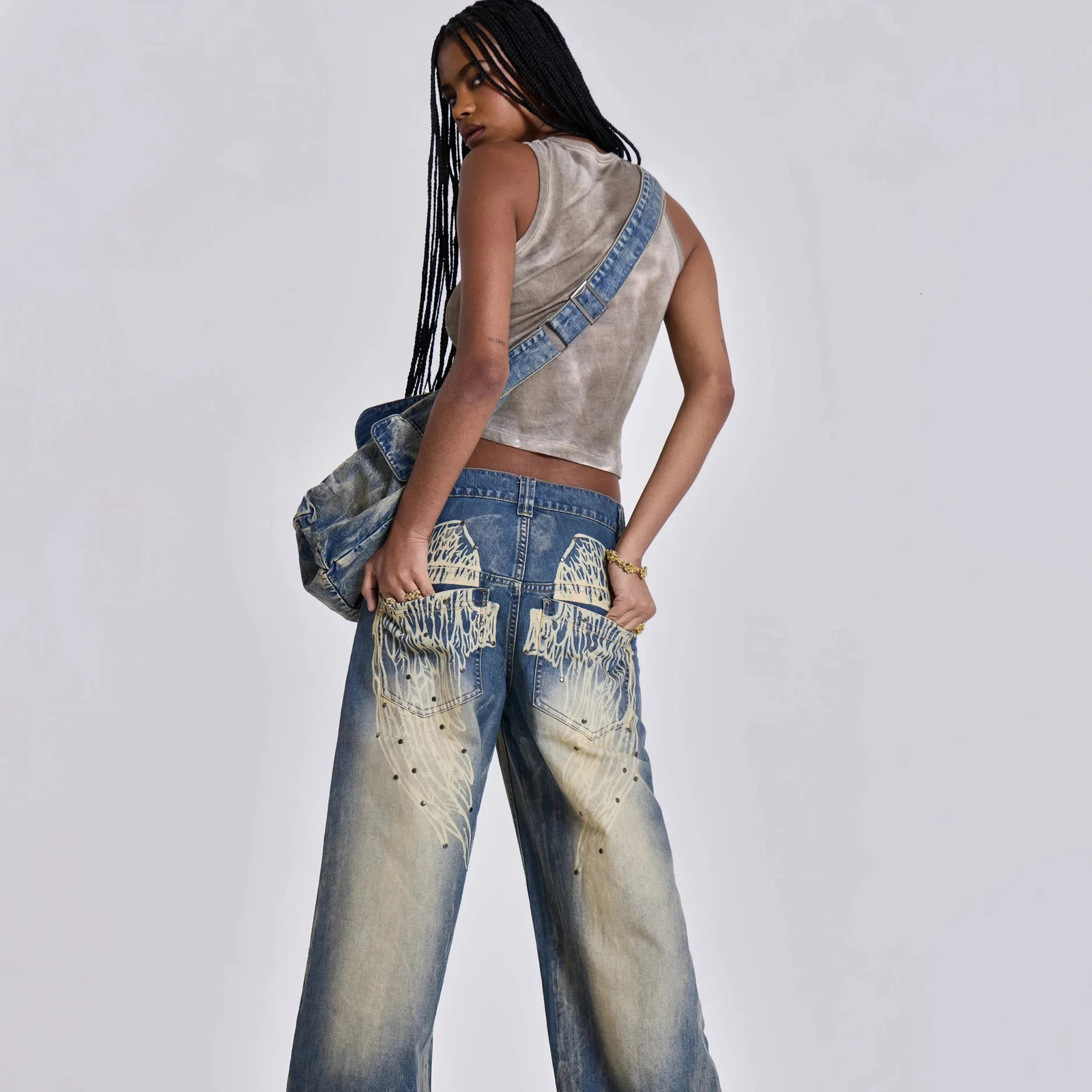 Vintage Streetwear Cropped Studded WideLeg Casual Jeans Loose Fit Fall Winter High Street Back Wing Printing Denim Pants 250311