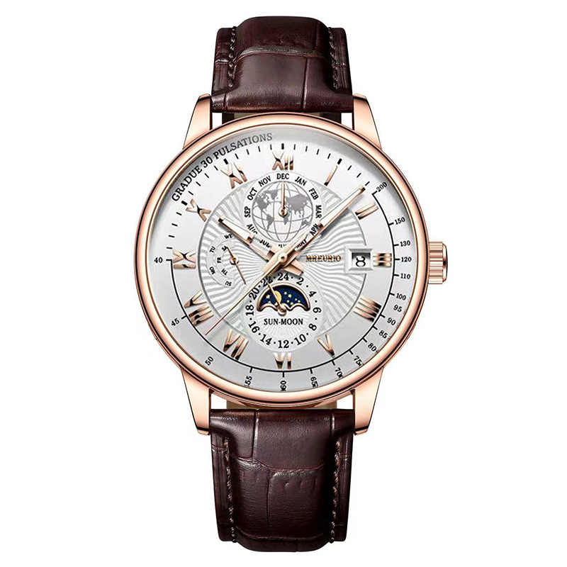 Stylish and Trendy Mens Watch with Three Eye Calendar Starry Sky Moon Design and Leather Belt Perfect for Fashionable Men