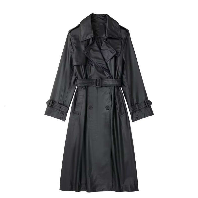 Women's 2023 Spring Autumn Collection Light Temperament, Featuring A Mature Imperial Style And Faux Leather Long Windbreaker With Belt Jacket For