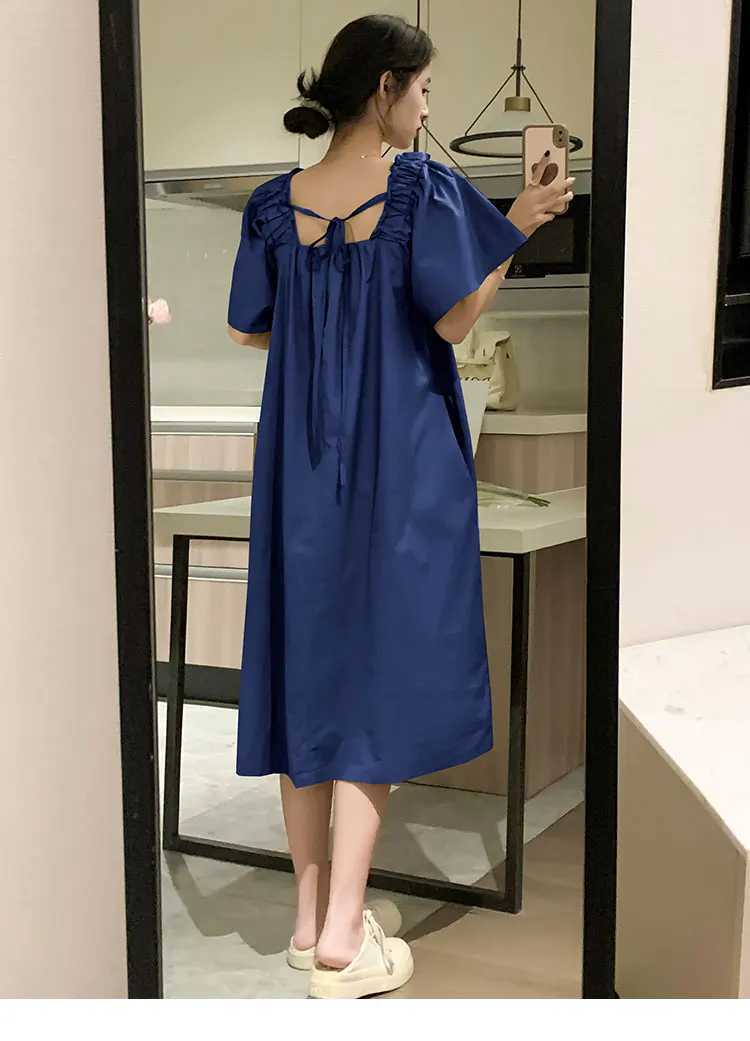 Korean Style Plus Size Maternity Dress with Pockets Solid Color Flying Sleeve Square Collar Pregnant Woman A-Line Dresses LooseT250311