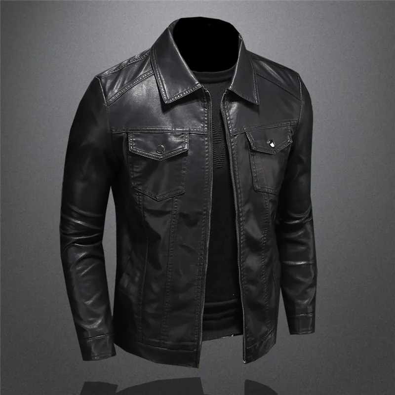 Mens Motorcycle Leather Jacket Large Size Pocket Black Zipper Lapel Slim Fit Male Spring and Autumn High Quality Pu Coat M-5XlT250311