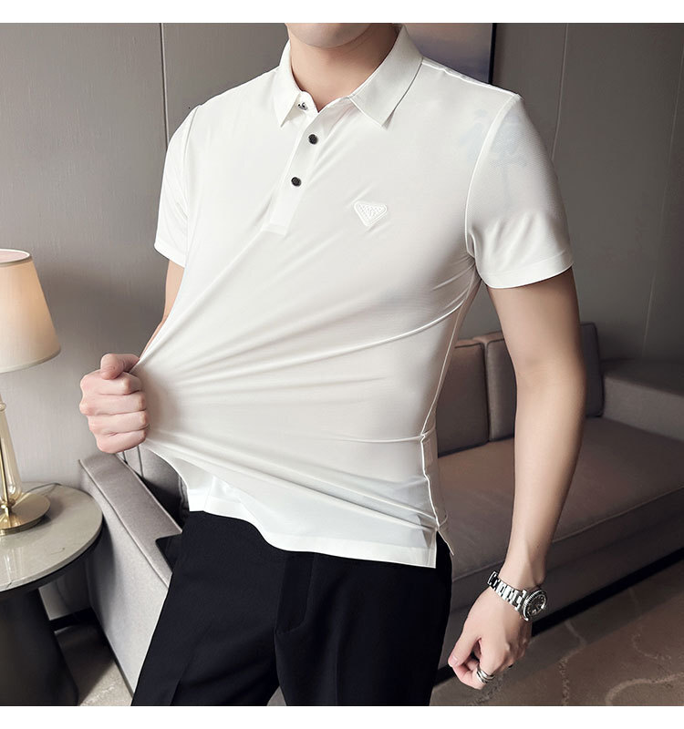 Summer seamless compression glue free short sleeved polo shirt for men, with a sense of ice silk drape, trendy and luxurious men's collar t-shirt