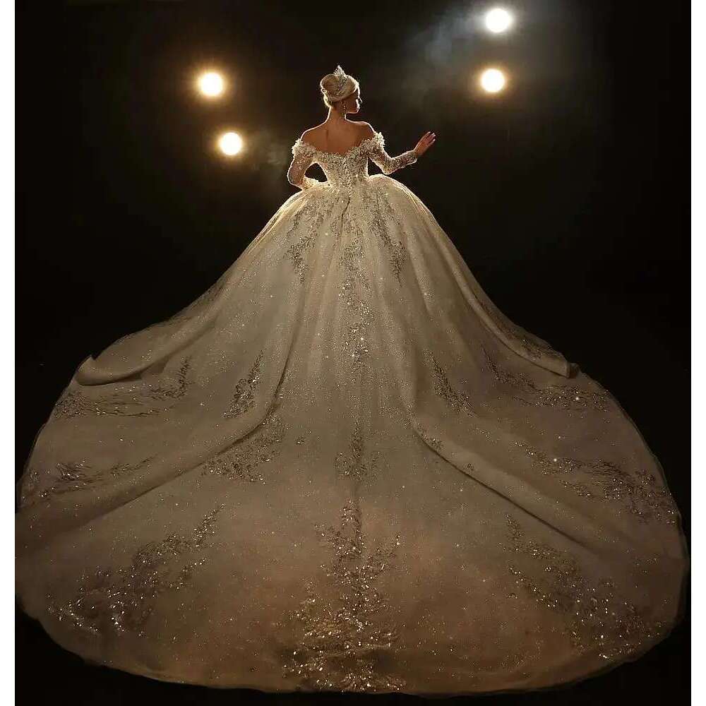 Exquisite Shiny Dress Custom Ball Gown Off Shoulder Sleeve Sequins Train Long Church Wedding Dresses